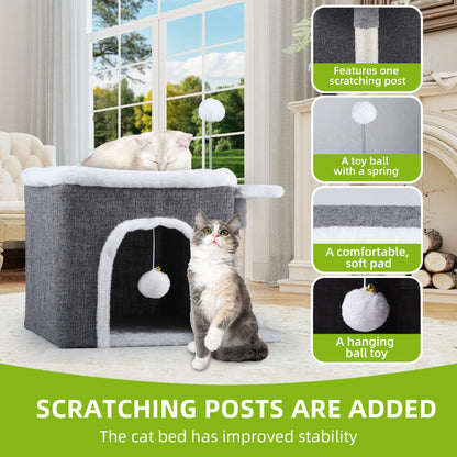 Balconera Cat Cave Bed with Scratching Board & Fluffy Ball - Indoor Igloo Hideaway for Cats