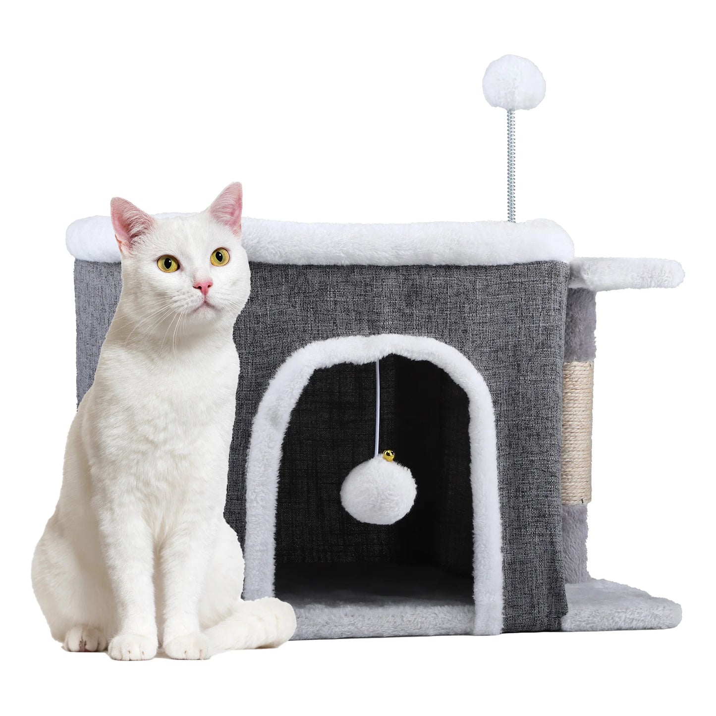 Balconera Cat Cave Bed with Scratching Board & Fluffy Ball - Indoor Igloo Hideaway for Cats