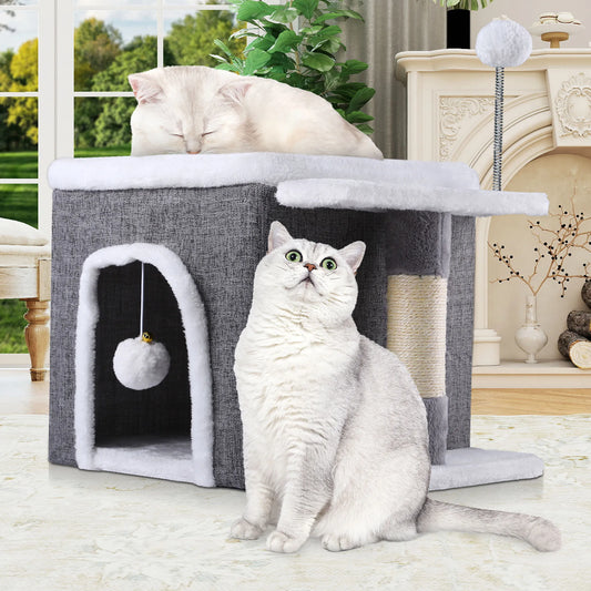 Balconera Cat Cave Bed with Scratching Board & Fluffy Ball - Indoor Igloo Hideaway for Cats