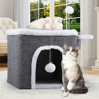Balconera Cat Cave Bed with Scratching Board & Fluffy Ball - Indoor Igloo Hideaway for Cats
