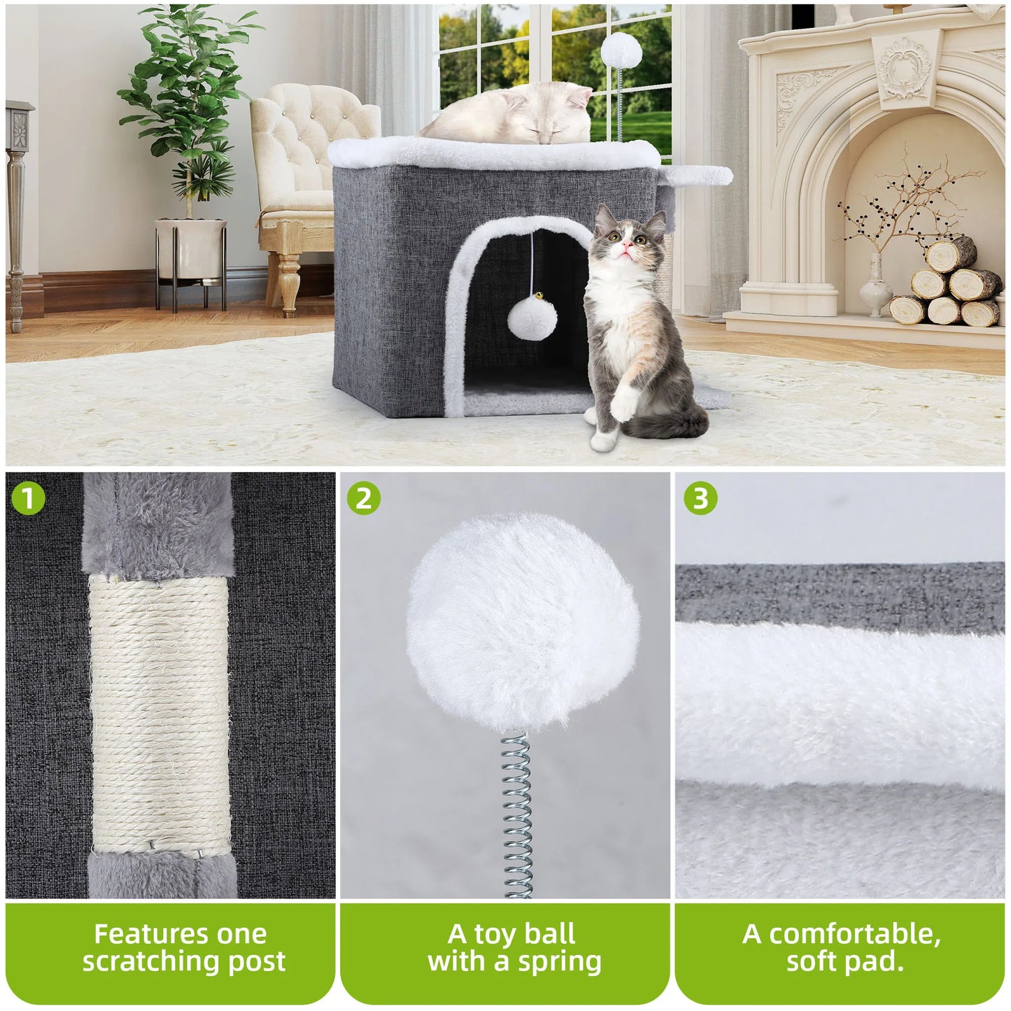 Balconera Cat Cave Bed with Scratching Board & Fluffy Ball - Indoor Igloo Hideaway for Cats